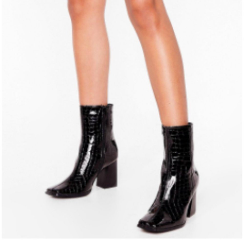 Croc Embossed Square Toe Heeled Boots